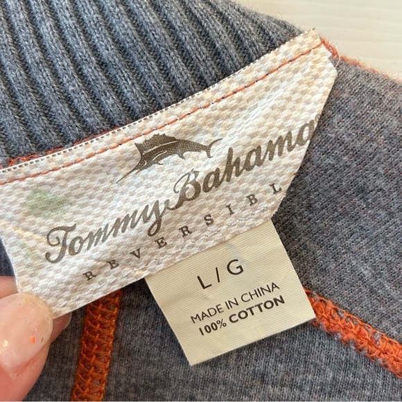 Reversible Fall Tommy Bahama Gray and Orange Quarter Zip Cotton Sweater Large - Picture 9 of 12